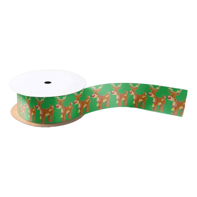 Reindeer on Green Pattern Satin Ribbon (Spool)