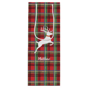 Reindeer on Red and Green Tartan Christmas Plaid Wine Gift Bag