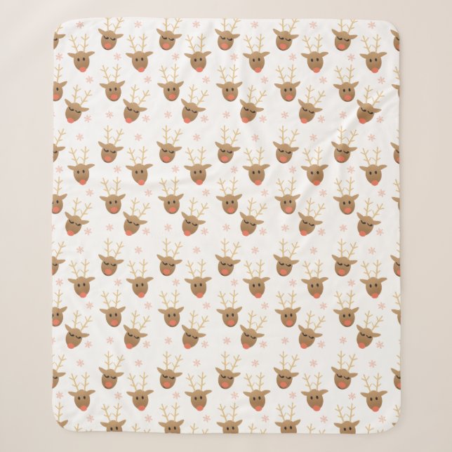 Reindeer Pattern Deer Heads Snowflakes Sherpa Blanket (Front)