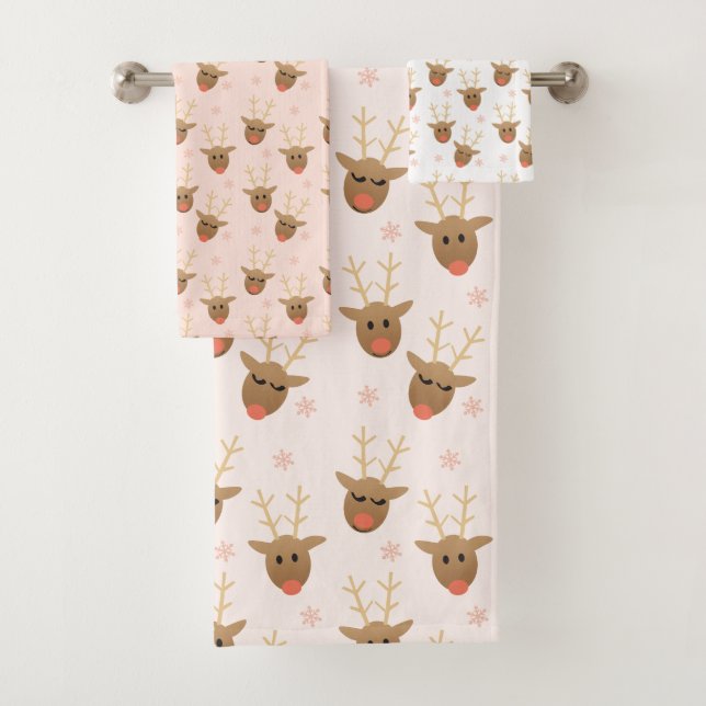Reindeer Pattern Winter Snowflakes Orange Bath Towel Set (Insitu)