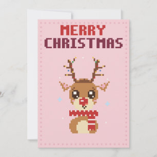 Reindeer Pink Pixel Art Christmas Card