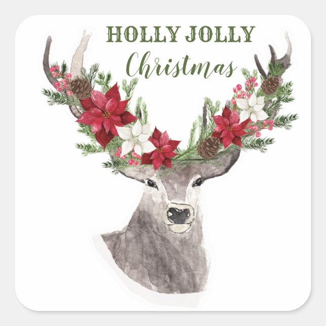 Reindeer, Poinsettia Christmas Square Sticker (Front)