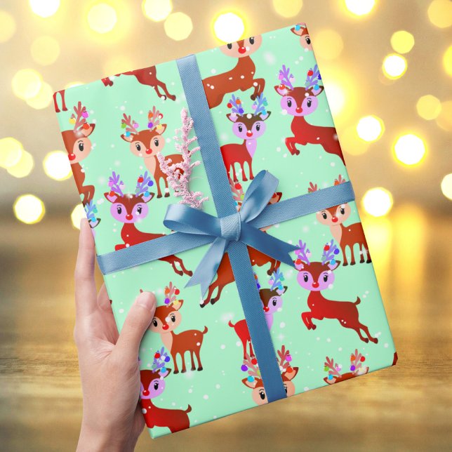 Reindeer prancing jumping cute adorable wrapping paper (Creator Uploaded)