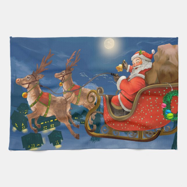 Reindeer Pulling Santa Claus Sleigh | Christmas Kitchen Towel (Horizontal)