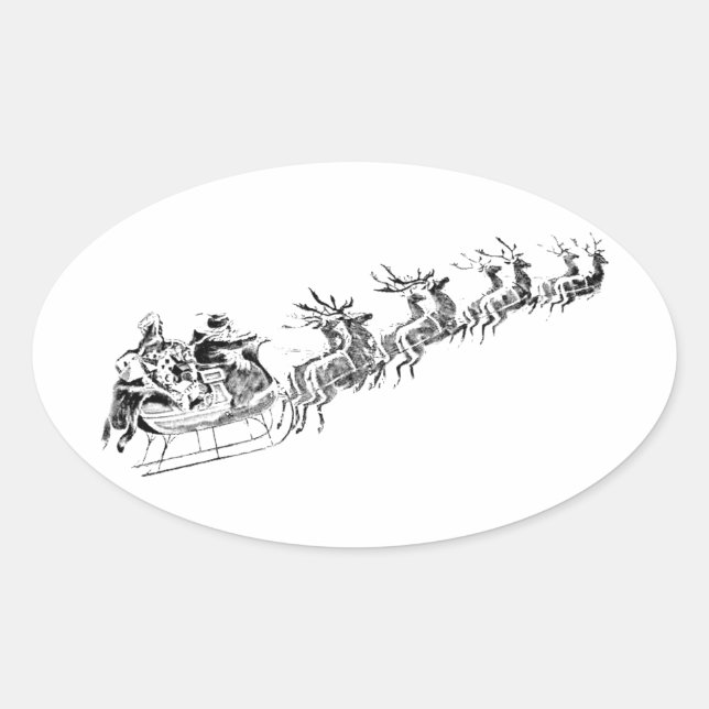 Reindeer Pulling Santa's Sleigh. Oval Sticker (Front)