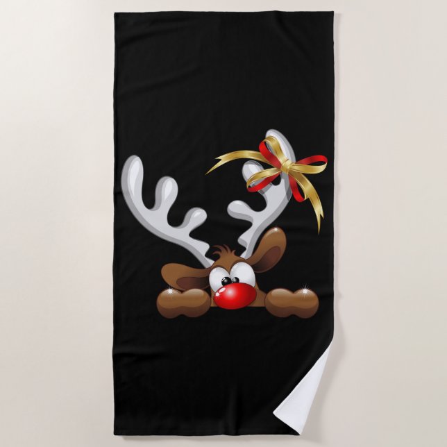 Reindeer Puzzled Funny Christmas Character Beach Towel (Front)