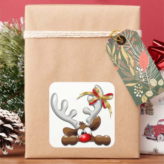 Reindeer Puzzled Funny Christmas Character Square Sticker (Holiday)