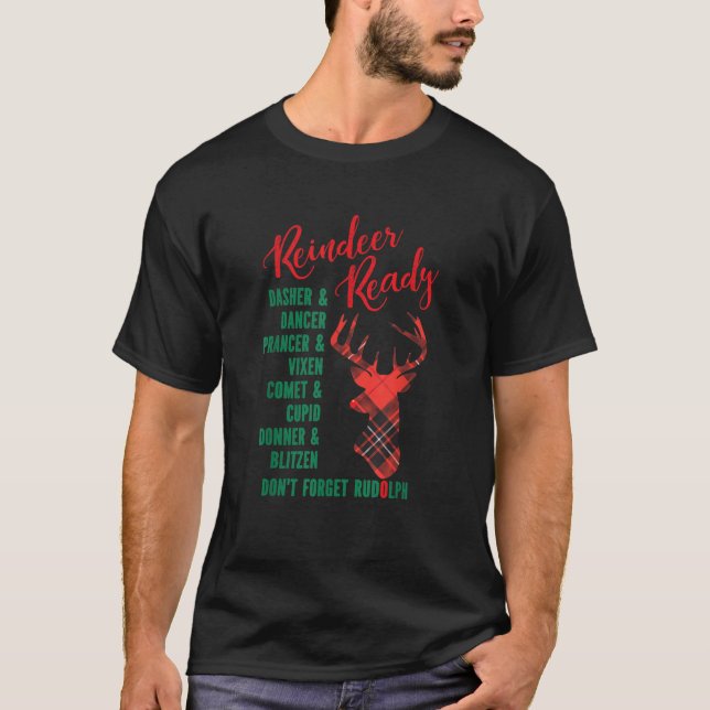  Reindeer Ready Tartan Reindeer with Reindeer Name T-Shirt (Front)