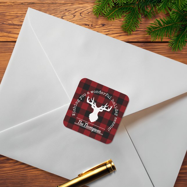 Reindeer Red and Black Buffalo Plaid Christmas Square Sticker (Creator Uploaded)