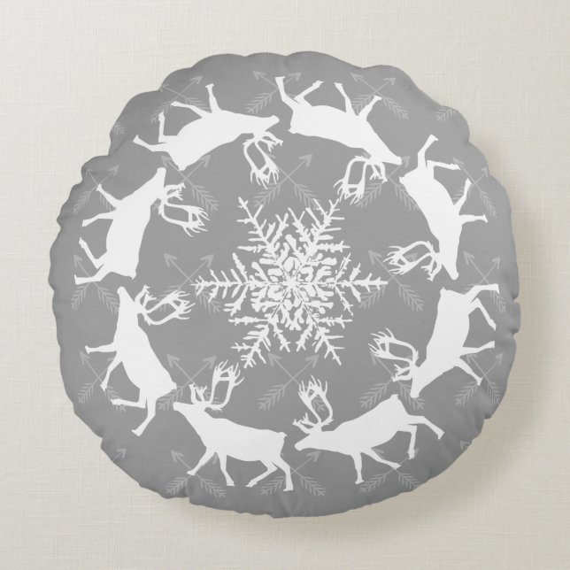 Reindeer Red and Grey Crossed Arrows Round Pillow (Front)