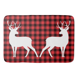 Reindeer Red & Black Tartan Pattern Buffalo Plaid Bath Mat
