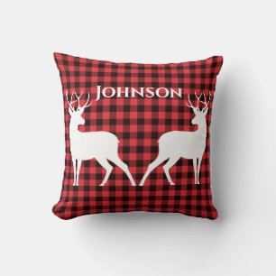Reindeer Red & Black Tartan Pattern Buffalo Plaid Throw Pillow