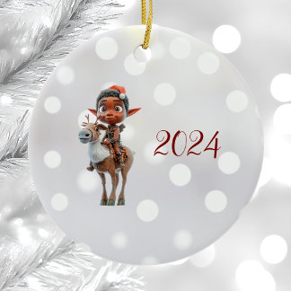 Reindeer Rider Christmas Elf Ceramic Ornament