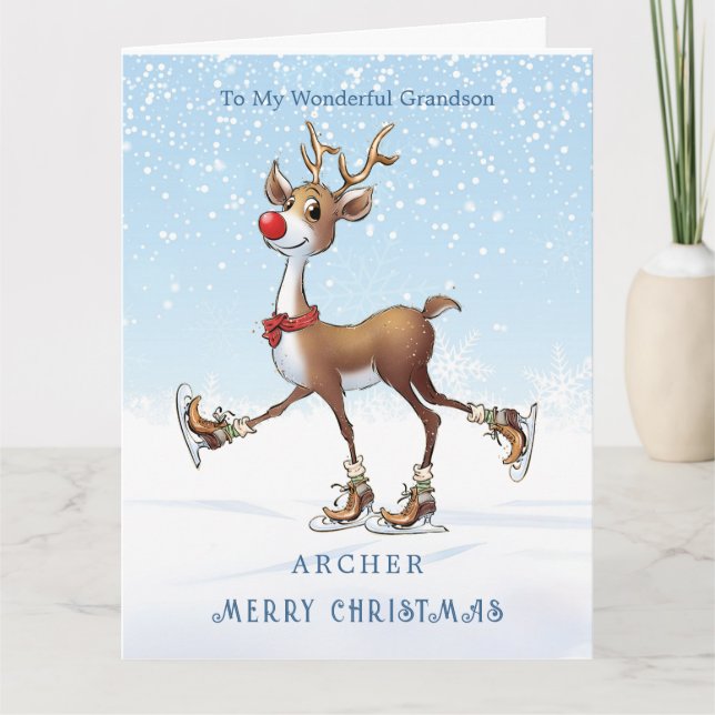 Reindeer Rudolph Grandson Christmas Card (Front)