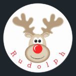 Reindeer Rudolph red nose Classic Round Sticker<br><div class="desc">This design features cute reindeer Rudolph the red nose</div>