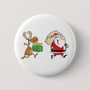 Reindeer running with Santa delivering gifts 2 Inch Round Button