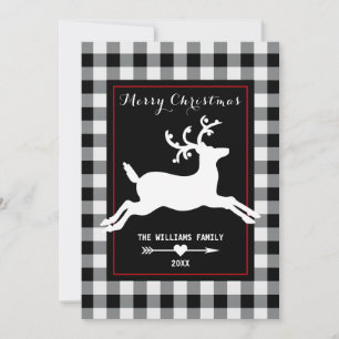 Reindeer Rustic Black White Buffalo Check Photo Holiday Card