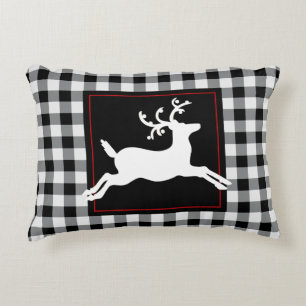 Reindeer Rustic White Black Buffalo Plaid Accent Pillow