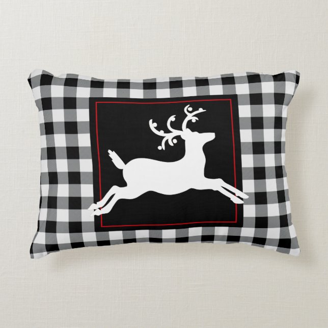 Reindeer Rustic White Black Buffalo Plaid Accent Pillow (Front)