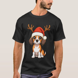 Reindeer Santa Hat Beagle Dog Christmas Funny Holi T-Shirt