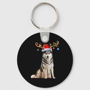 Reindeer Santa Hat Christmas Pajamas Husky Dog Xma Keychain