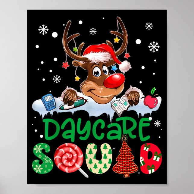 Reindeer Santa Hat Daycare Squad Teacher Christmas Poster (Front)