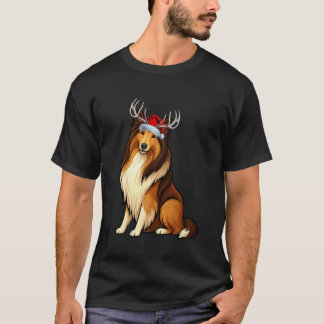 Reindeer Santa Hat Holiday Rough Collie Christmas T-Shirt