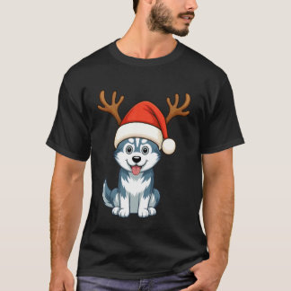 Reindeer Santa Hat Husky Dog Christmas Funny Holid T-Shirt