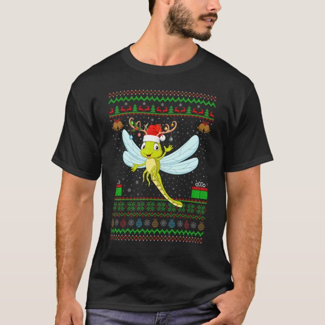 Reindeer Santa Hat Matching Ugly Dragonfly Christm T-Shirt (Front)