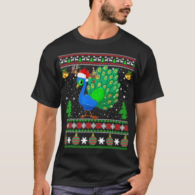 Reindeer Santa Hat Matching Ugly Peacock Bird Chri T-Shirt (Front)