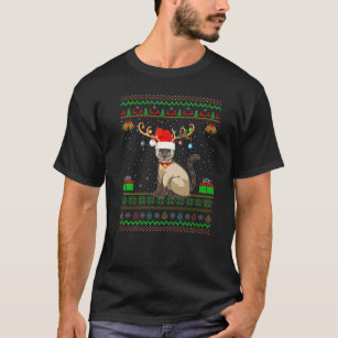 Reindeer Santa Hat Matching Ugly Siamese Cat Chris T-Shirt