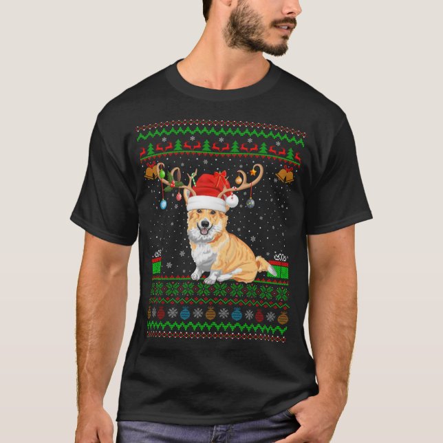 Reindeer Santa Hat Matching Ugly Welsh Corgi Chris T-Shirt (Front)
