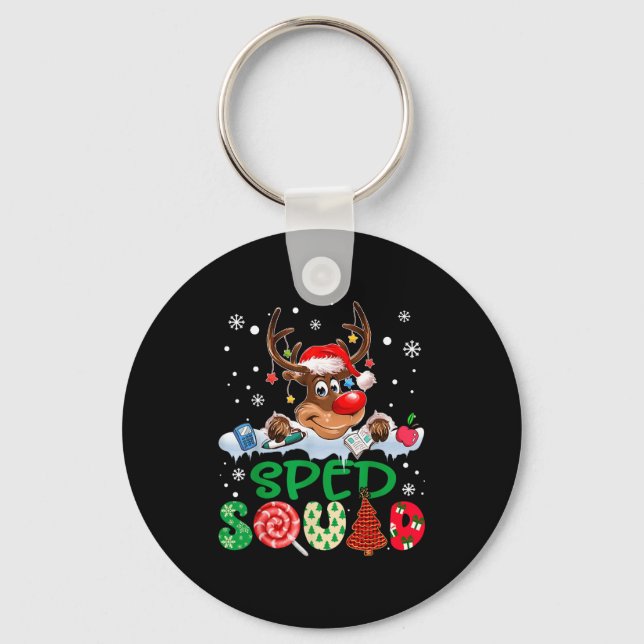 Reindeer Santa Hat Sped Squad Teacher Funny Christ Keychain (Front)
