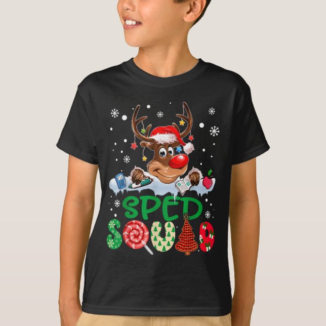 Reindeer Santa Hat Sped Squad Teacher Funny Christ T-Shirt (Front)