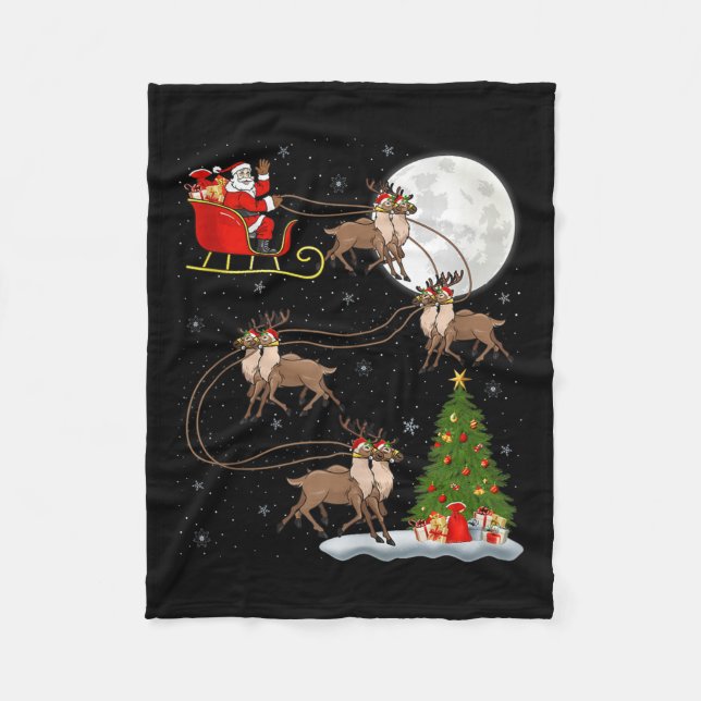 Reindeer Santa Sleigh Flying Funny Magical Christm Fleece Blanket (Front)