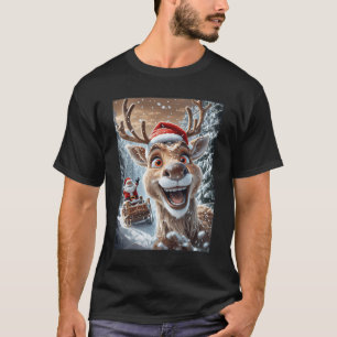 Reindeer Selfie With Santa Sleigh Christmas Winter T-Shirt