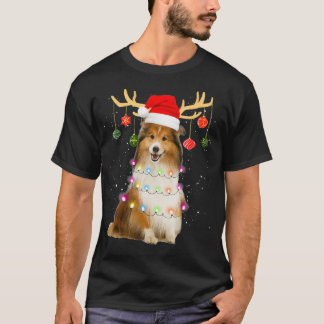 Reindeer Sheltie Dog Santa Hat Christmas Light Xma T-Shirt