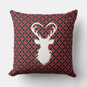 Reindeer silhouette on black & red chequered throw pillow