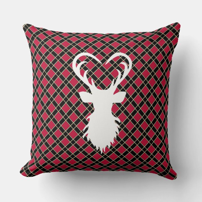 Reindeer silhouette on black & red chequered throw pillow (Front)