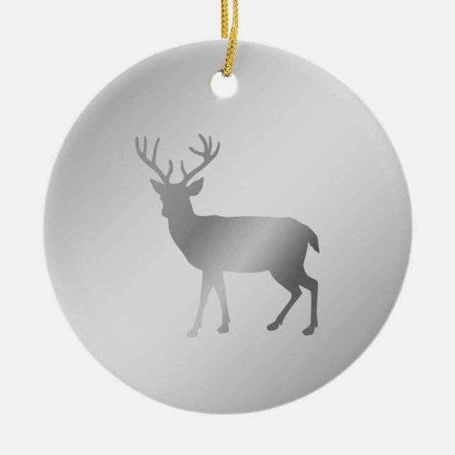 Reindeer silhouette on silver grey shades ceramic ornament (Front)