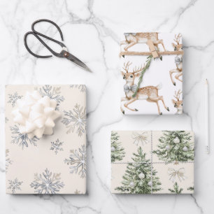 Reindeer Silver Snowflakes Christmas Trees Wrapping Paper Sheet