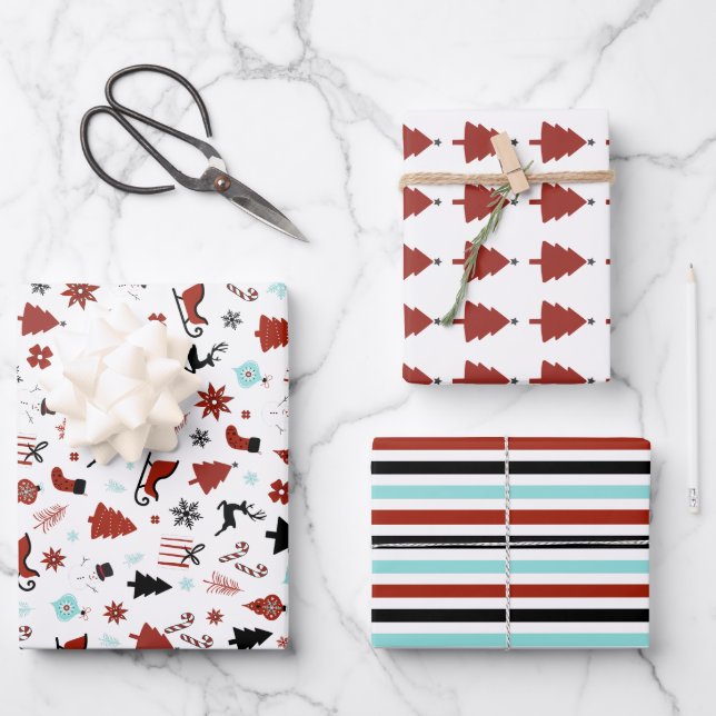 Reindeer Sleigh Chrismas Pine Trees Wrapping Paper Sheet (Front)