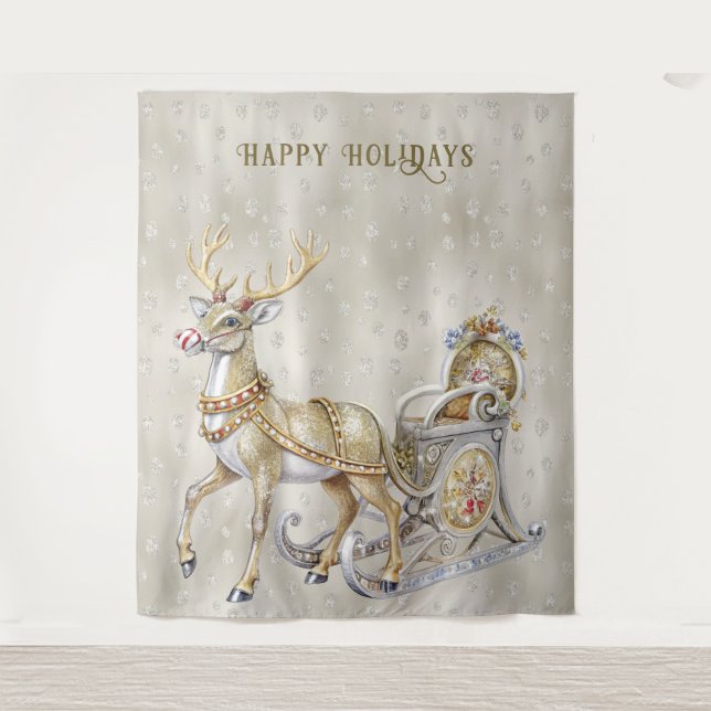 Reindeer Sleigh Holiday Backdrop Tapestry (Front)