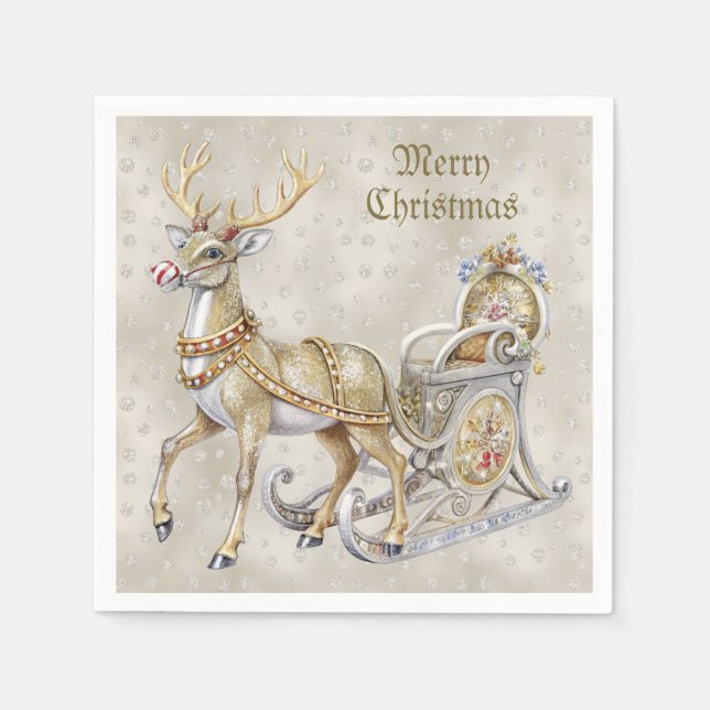Reindeer Sleigh Holiday Napkin (Front)