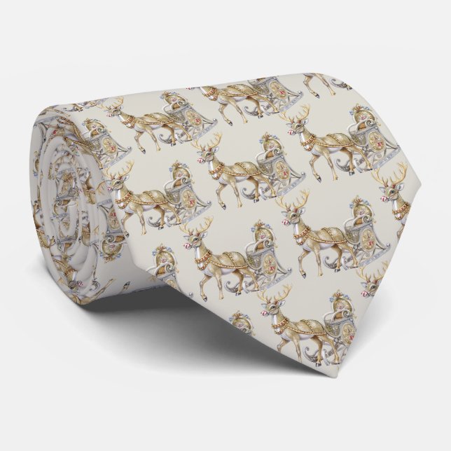 Reindeer Sleigh Holiday Neck Tie (Rolled)