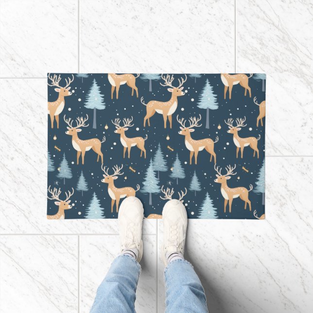 Reindeer Snowflake Christmas Winter Green Modern  Doormat (Indoor)