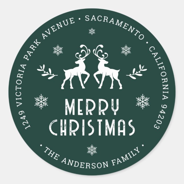 Reindeer Snowflake Green Christmas Return Address Classic Round Sticker (Front)