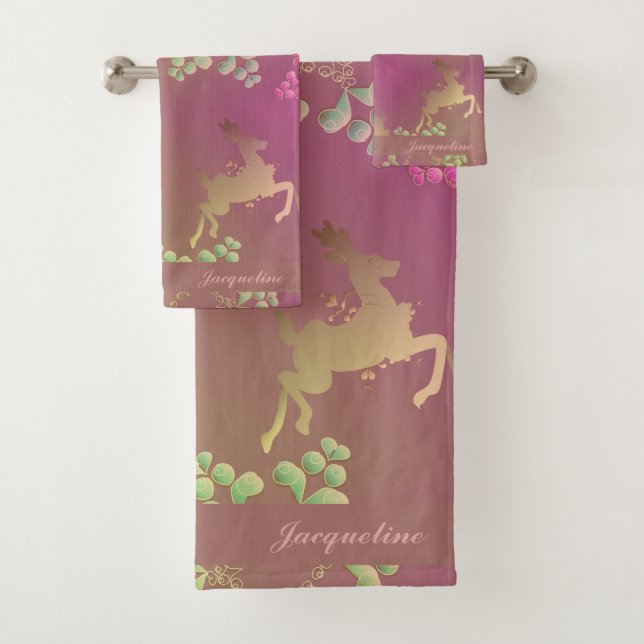 Reindeer Snowflake Monogram Purple Bath Towel Set (Insitu)
