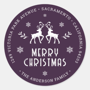 Reindeer Snowflake Purple Christmas Return Address Classic Round Sticker