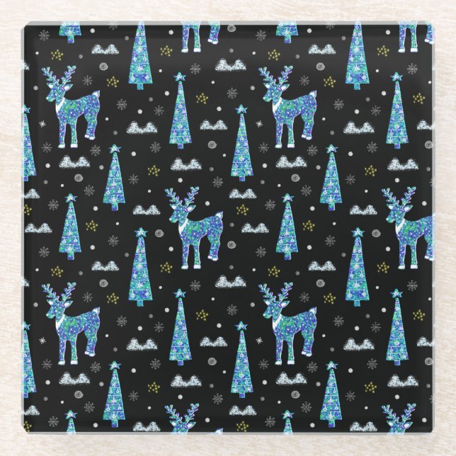 Reindeer, snowflakes, Christmas pattern Glass Coaster (Front)